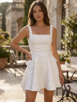 Sequin Mini Dress With Bow Back Square Neck A-Line Birthday Party Dress For Women 2026