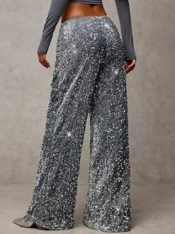Sequin Drawstring Wide Leg Party Trousers For Women 2026