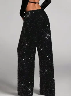 Sequin Drawstring Wide Leg Party Trousers For Women 2026