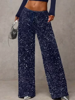 Sequin Drawstring Wide Leg Party Trousers For Women 2026