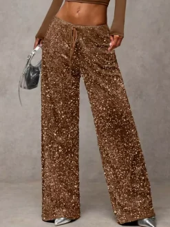Sequin Drawstring Wide Leg Party Trousers For Women 2026