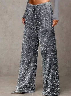 Sequin Drawstring Wide Leg Party Trousers For Women 2026