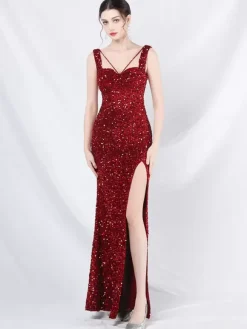 Sequined Dress Designed Neckline Backless High Slit Elegant Long Dress