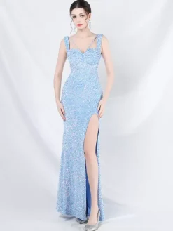 Sequined Dress Designed Neckline Backless High Slit Elegant Long Dress