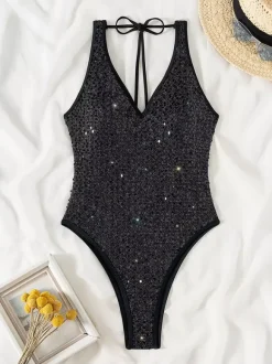 Sequined Backless V-neck One-piece Swimsuit In Black For Summer 2026