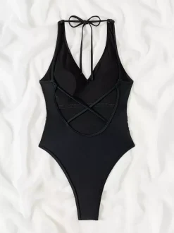 Sequined Backless V-neck One-piece Swimsuit In Black For Summer 2026
