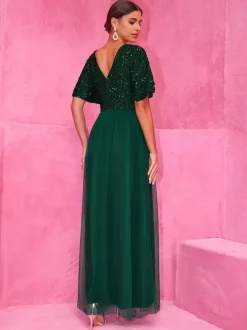 Sequined Dark Green Maxi Party Dress With High Slit For Evening Events 2026