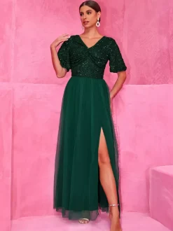 Sequined Dark Green Maxi Party Dress With High Slit For Evening Events 2026