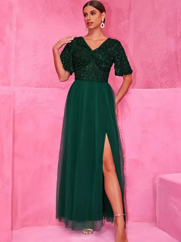 Sequined Dark Green Maxi Party Dress With High Slit For Evening Events 2026