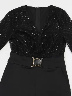 Sequined Stripe V-Neck Belted Wide Leg Party Jumpsuit For Women 2026
