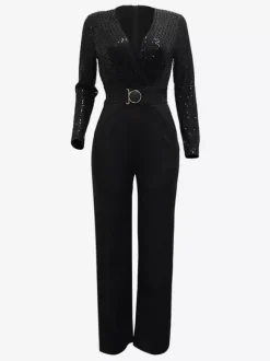 Sequined Stripe V-Neck Belted Wide Leg Party Jumpsuit For Women 2026