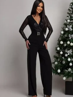 Sequined Stripe V-Neck Belted Wide Leg Party Jumpsuit For Women 2026