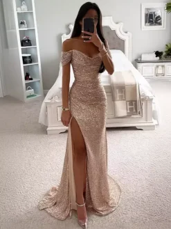 Sequin Maxi Gown With Off-Shoulder And High-slit For Formal Events 2026