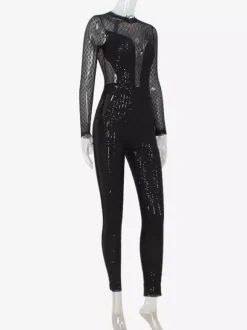 Sequin Mesh Jumpsuit For Women - Black Sexy Sheer Baddie Long Sleeve Bodysuit - Spring Clubwear Night Out Party 2026