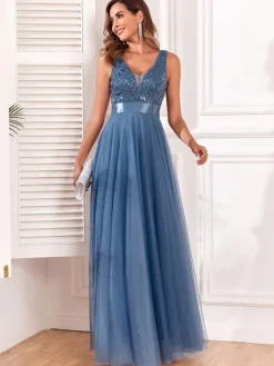 Sequins Dress Sleeveless Empire Waist A-line Elegant Prom Maxi Dresses