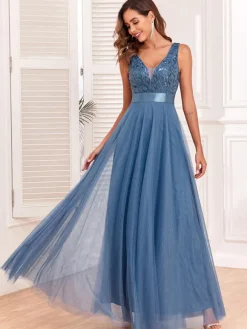 Sequins Dress Sleeveless Empire Waist A-line Elegant Prom Maxi Dresses