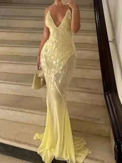 Sequin Sheer Maxi Slip Dress for Women - Butter Yellow Boho Backless V Neck Mermaid Cut Evening Gown - Summer Beach 2026