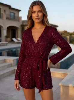 Sequin Textured V Neck Tie Waist Flare Sleeve Party Jumpsuits For Women 2026