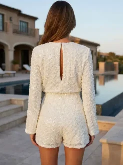 Sequin Textured V Neck Tie Waist Flare Sleeve Party Jumpsuits For Women 2026