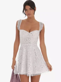 Sequin Tulle Mini Dress For Women - Sweetheart Neck Lace Up Back Sleeveless A-Line Sun Dress - Summer Birthday Party 2026
