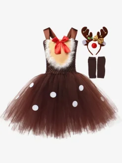 Set Christmas Coffee Brown Headwear Gloves Dress Polyester Two-Tone Christmas Holidays Costumes