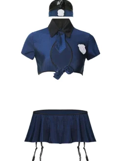 Sexy Cop Costume Cool Navy Hat Mini Skirt Top 3-Piece Bedroom Policewoman Costume Full Set