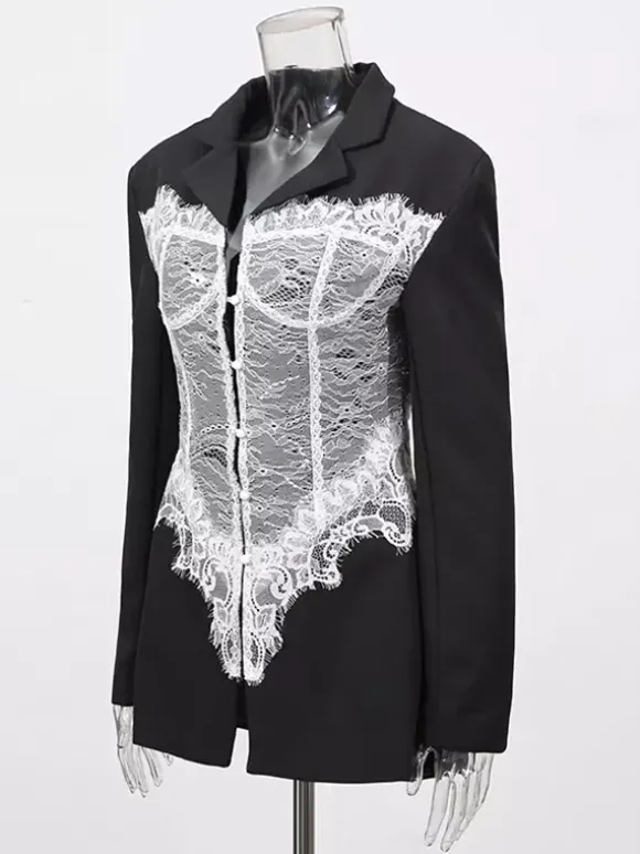 Sexy Corset Lace Blazer For Women - Black White Contrast Bustier Slim Suit Jacket - Spring Night Out Party 2026