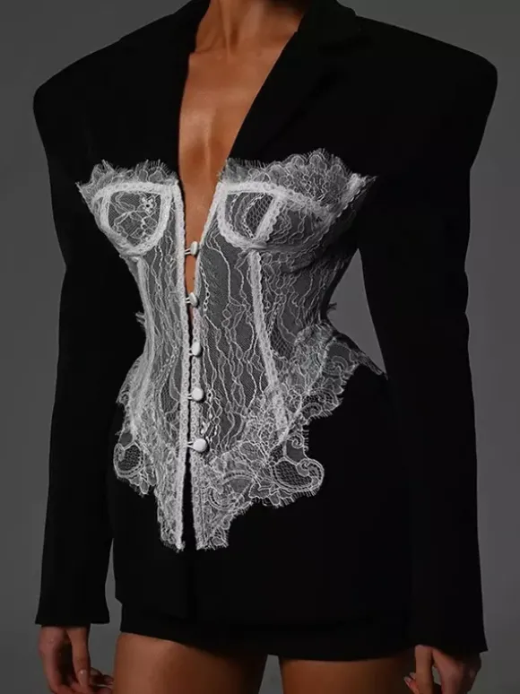 Sexy Corset Lace Blazer For Women - Black White Contrast Bustier Slim Suit Jacket - Spring Night Out Party 2026