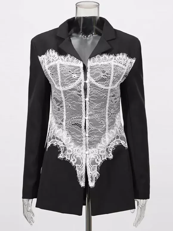 Sexy Corset Lace Blazer For Women - Black White Contrast Bustier Slim Suit Jacket - Spring Night Out Party 2026