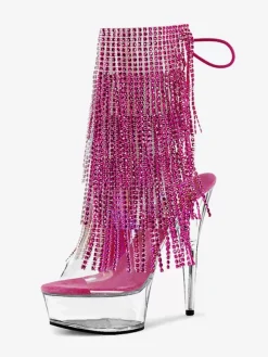 Sexy High Heel Boots Peep Toe Lace Up Rhinestones Stiletto Heel Pole Dancing Black Thigh High Boots Over The Knee Boots