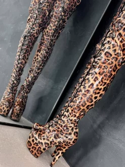 Sexy High Heel Boots Platform Leopard Round Toe Lace UpStiletto Heel Pole Dancing Thigh High Boots