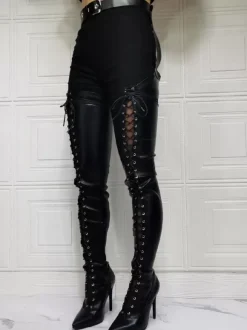 Sexy High Heel Boots Plus Size Pointed Toe Boot Shaft Adjustable Buckle Stiletto Heel Black Thigh High Over The Knee Boots