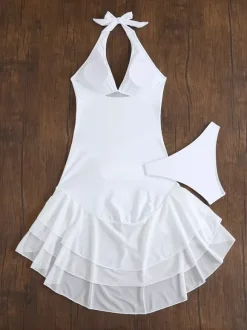 Sexy High-Low 2 Piece Swimsuit For Women - Mesh Halter Ruffle Swim Dress With Bikini Bottom - Summer Pool Party 2026