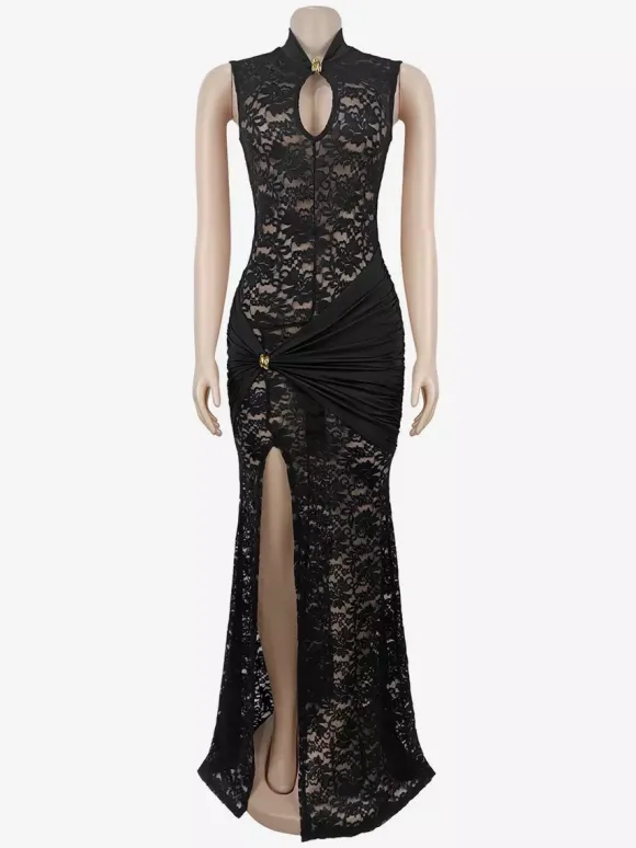 Sexy Lace Cutout Maxi Dress For Women - High Slit Ruched Bodycon Evening Gown - Summer Night Out Club Party 2026