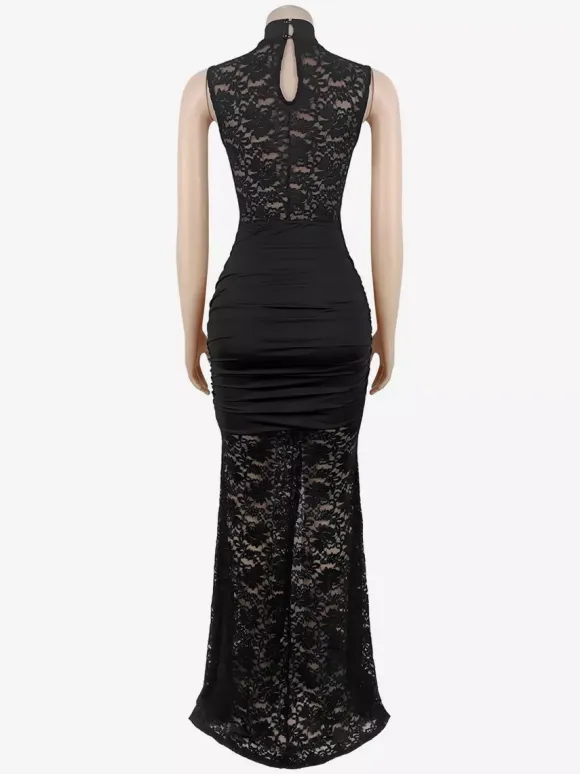 Sexy Lace Cutout Maxi Dress For Women - High Slit Ruched Bodycon Evening Gown - Summer Night Out Club Party 2026