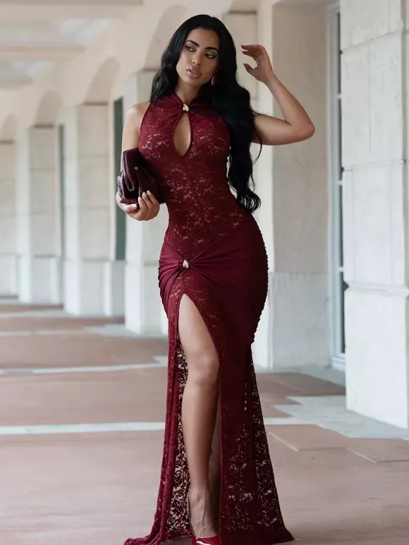 Sexy Lace Cutout Maxi Dress For Women - High Slit Ruched Bodycon Evening Gown - Summer Night Out Club Party 2026