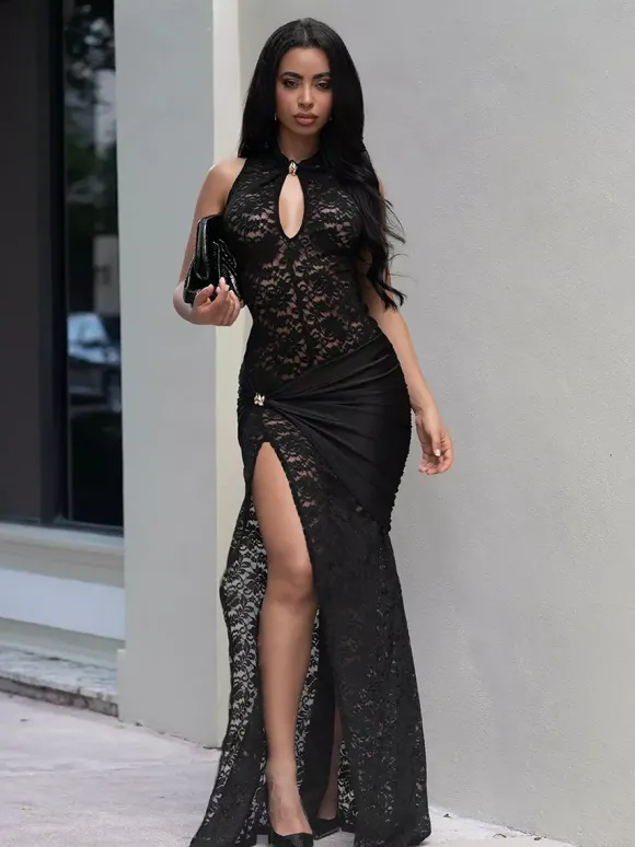 Sexy Lace Cutout Maxi Dress For Women - High Slit Ruched Bodycon Evening Gown - Summer Night Out Club Party 2026