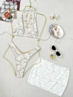 Sexy Lace Swimsuit 3 Piece Set - White Floral Triangle High Cut Bikini With Mini Sarong Cover Up - Summer Beach Resort 2026