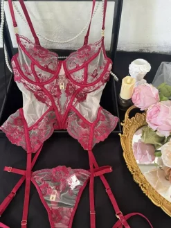 Sexy Lingerie 3-Piece Floral Print Backless Lace Black Adult's Bra Panty Sets