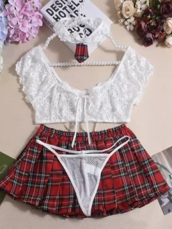 Sexy School Girl Costume Women's T-back Top Skirt Lingerie