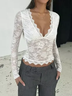 Sexy Sheer Lace Women's Crop Top - Deep V-Neck Long Sleeve Slim Fit - Coquette Style Night Out Clubwear 2026