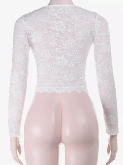 Sexy Sheer Lace Women's Crop Top - Deep V-Neck Long Sleeve Slim Fit - Coquette Style Night Out Clubwear 2026