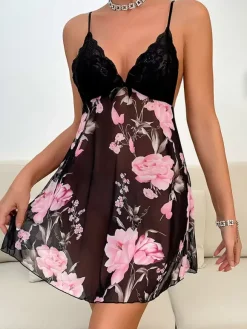 Sexy Sleep Floral Print Black Babydolls & Chemises