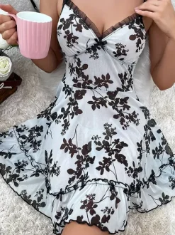 Sexy Sleep Floral Print Black Babydolls & Chemises