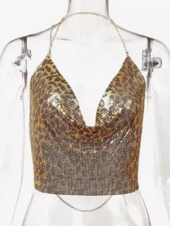 Sexy Straps Halter Metal Tops Sequin Clubwear Tops Sliver Sleeveless Spaghetti Straps Cami Draped Crop For Women