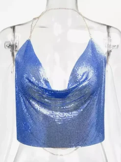 Sexy Straps Halter Metal Tops Sequin Clubwear Tops Sliver Sleeveless Spaghetti Straps Cami Draped Crop For Women