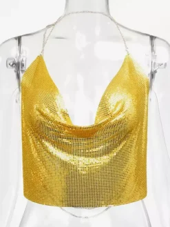 Sexy Straps Halter Metal Tops Sequin Clubwear Tops Sliver Sleeveless Spaghetti Straps Cami Draped Crop For Women