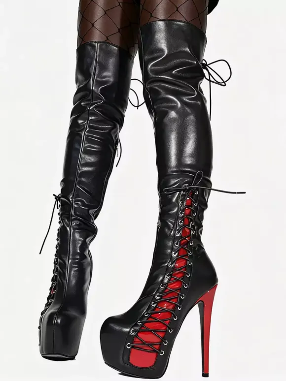 Sexy Thigh High Boots Unisex Platform Lace Up High Heel Over The Knee Boots