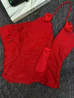 Sexy Deep V Neck Ruched Bodycon Rose Applique Halter Party Dress For Women 2026