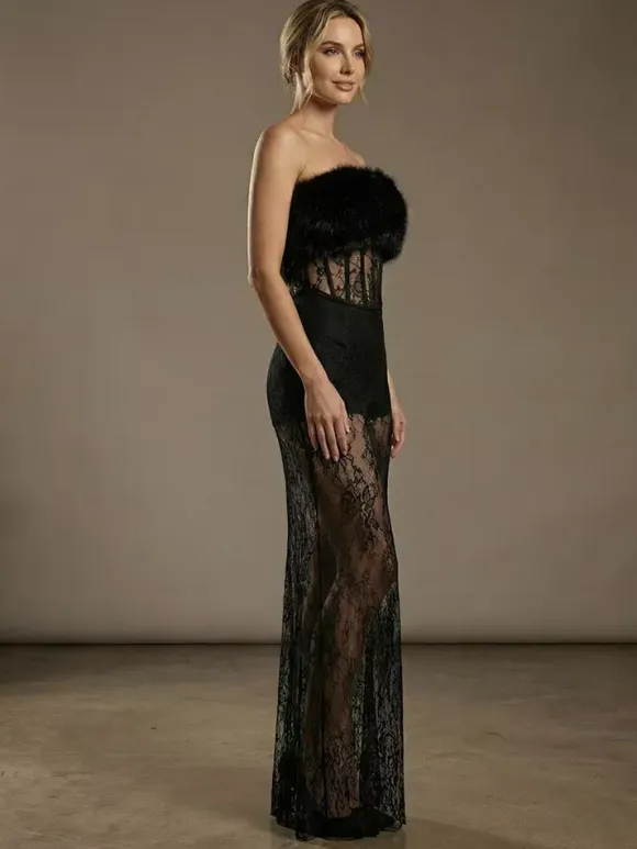 Sexy Faux Fur Lace Maxi Dress For Women - Black Strapless Corset Bodysuit Long Gown With Sheer Skirt - Summer Evening Party 2026